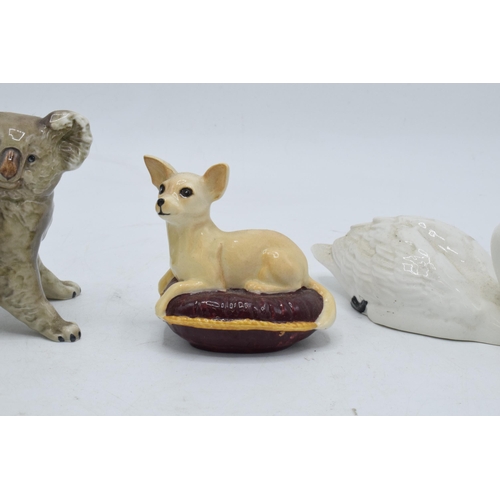 105 - A collection of Beswick to include a koala bear 1038, chihuahua on cushion 2454 and swan with head d... 