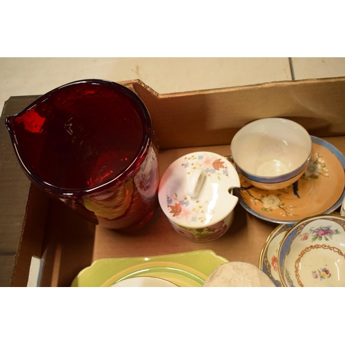 16 - A mixed collection of items to include floral tea ware, a thick pottery mid-century vase, a glass va... 