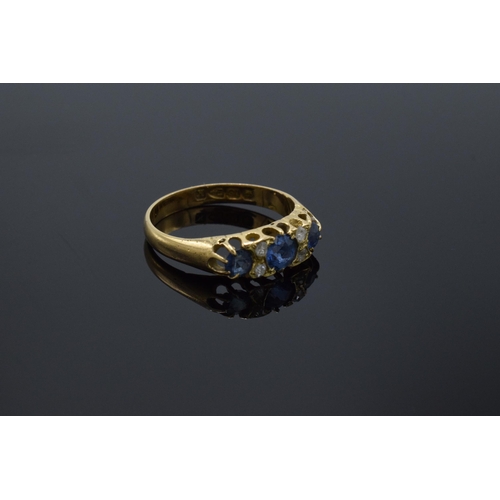 210 - Antique 18ct gold ladies ring set with sapphires and diamonds. UK size N/O. Chester. 2.7 grams.