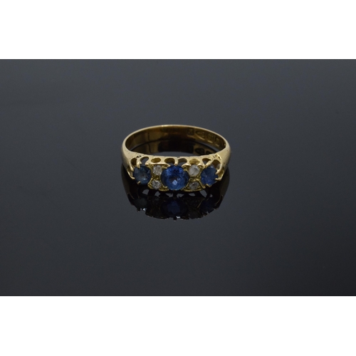 210 - Antique 18ct gold ladies ring set with sapphires and diamonds. UK size N/O. Chester. 2.7 grams.