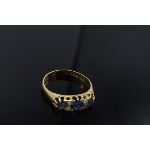 210 - Antique 18ct gold ladies ring set with sapphires and diamonds. UK size N/O. Chester. 2.7 grams.