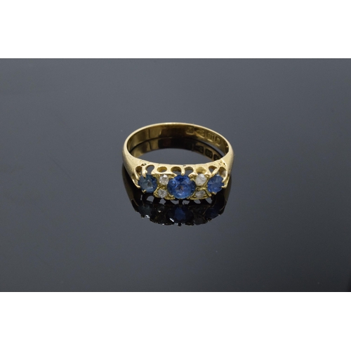 210 - Antique 18ct gold ladies ring set with sapphires and diamonds. UK size N/O. Chester. 2.7 grams.