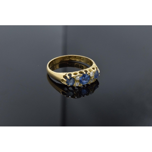 210 - Antique 18ct gold ladies ring set with sapphires and diamonds. UK size N/O. Chester. 2.7 grams.