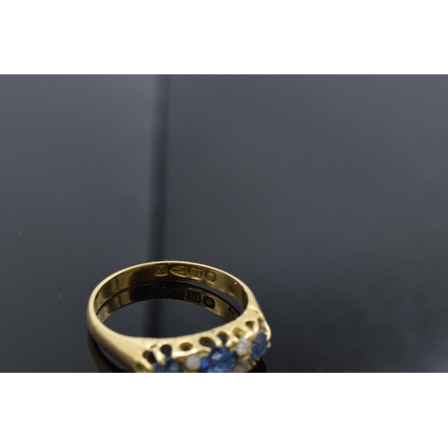 210 - Antique 18ct gold ladies ring set with sapphires and diamonds. UK size N/O. Chester. 2.7 grams.