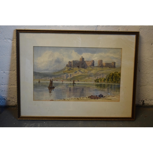 261 - A framed watercolour of an estuary and an overlooking castle, possibly a Welsh scene, unsigned. 62 x... 