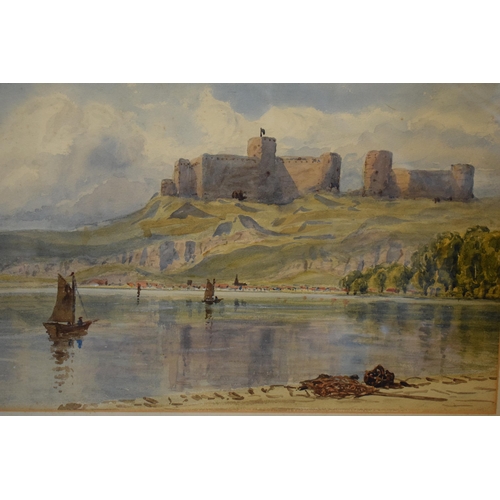 261 - A framed watercolour of an estuary and an overlooking castle, possibly a Welsh scene, unsigned. 62 x... 