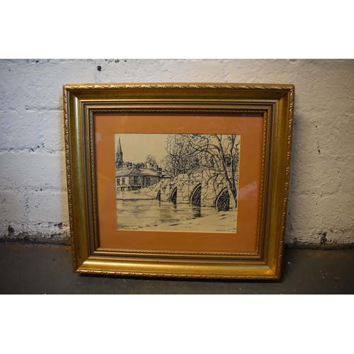 263 - A framed pen and ink drawing of Bakewell Bridge by Jill Asher 1956. 41 x 36cm inc frame.