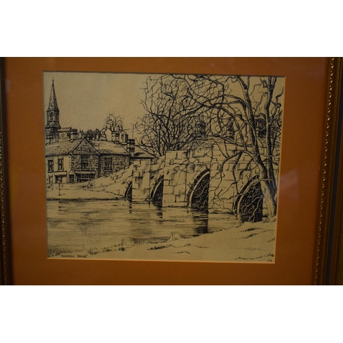 263 - A framed pen and ink drawing of Bakewell Bridge by Jill Asher 1956. 41 x 36cm inc frame.