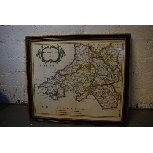 266 - An original framed Robert Morden map of South Wales that has later hand-coloured additions. 49 x 43c... 