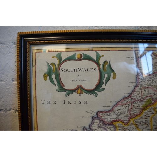 266 - An original framed Robert Morden map of South Wales that has later hand-coloured additions. 49 x 43c... 