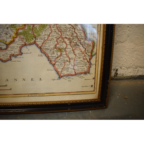 266 - An original framed Robert Morden map of South Wales that has later hand-coloured additions. 49 x 43c... 