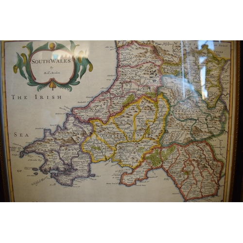 266 - An original framed Robert Morden map of South Wales that has later hand-coloured additions. 49 x 43c... 