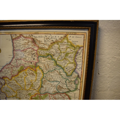 266 - An original framed Robert Morden map of South Wales that has later hand-coloured additions. 49 x 43c... 