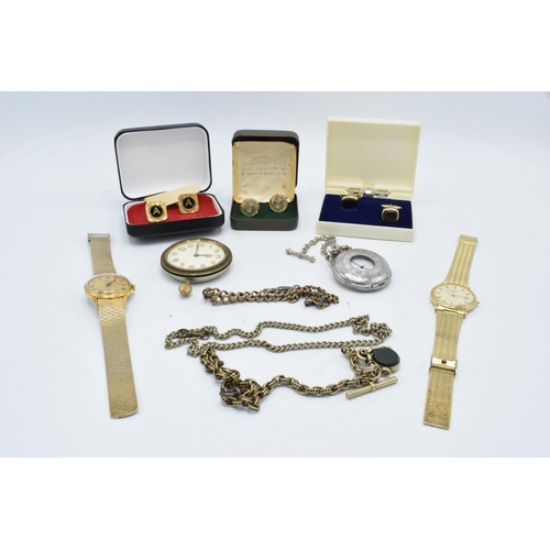 273 - A mixed collection of items to include cased cufflinks, a Rotary wristwatch, metal Albert chains, on... 