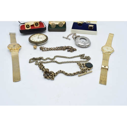 273 - A mixed collection of items to include cased cufflinks, a Rotary wristwatch, metal Albert chains, on... 