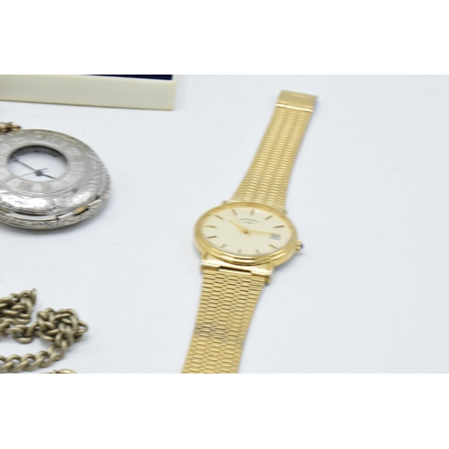 273 - A mixed collection of items to include cased cufflinks, a Rotary wristwatch, metal Albert chains, on... 