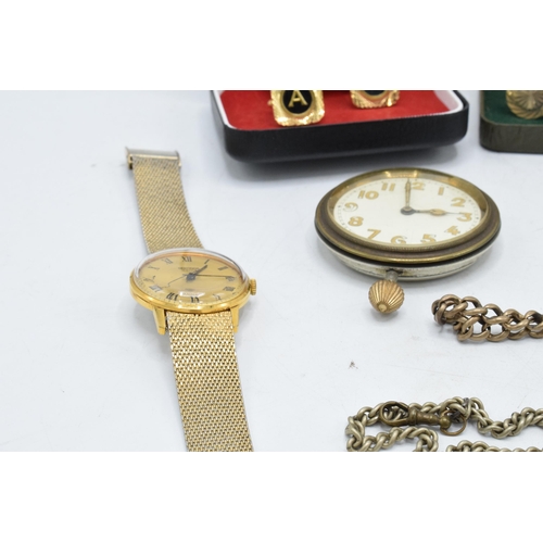 273 - A mixed collection of items to include cased cufflinks, a Rotary wristwatch, metal Albert chains, on... 