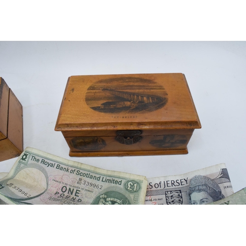 276 - A mixed collection of items to include treen boxes, English currency to include notes such as 10 shi... 