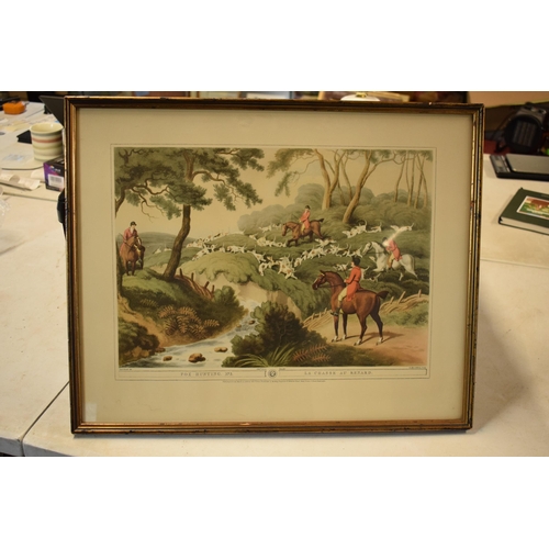 279 - A framed country scenes print of Fox Hunting No.3 - La Chasse au Renard. 58 x 47cm inc frame. In goo... 