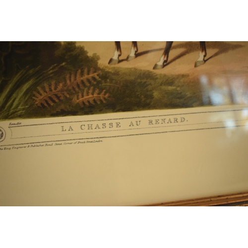 279 - A framed country scenes print of Fox Hunting No.3 - La Chasse au Renard. 58 x 47cm inc frame. In goo... 