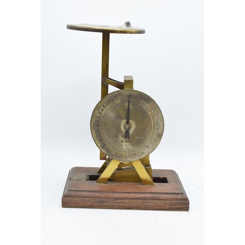 293 - A set of vintage brass and oak Parcel Post Balance scales by M and Co. 30cm tall.