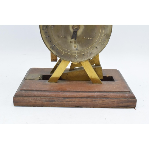 293 - A set of vintage brass and oak Parcel Post Balance scales by M and Co. 30cm tall.