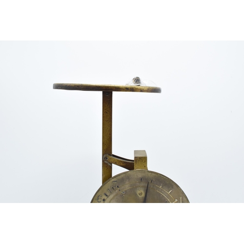 293 - A set of vintage brass and oak Parcel Post Balance scales by M and Co. 30cm tall.