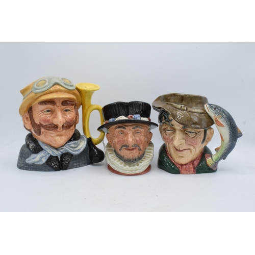 73 - A trio of large Royal Doulton character jugs to include Veteran Motorist D6633, Poacher D6429 and Be... 