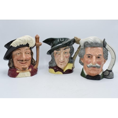 76 - A trio of large Royal Doulton character jugs to include Porthos D6440, Pied Piper D6403 and Mark Twa... 