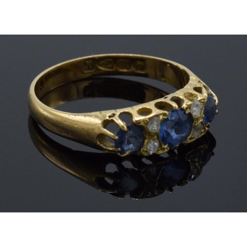 210 - Antique 18ct gold ladies ring set with sapphires and diamonds. UK size N/O. Chester. 2.7 grams.