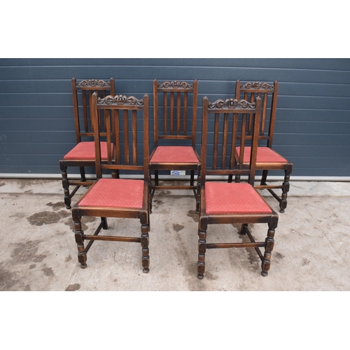 315A - A set of 5 matching Edwardian chairs with upholstered seat and carved crown decoration. (5). 105cm t... 