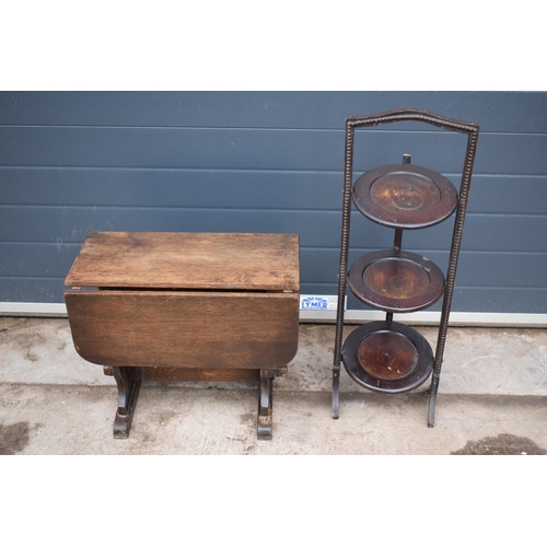 315E - A small drop-leaf table together with a folding 3 tier wot-not / tiered stand (2).