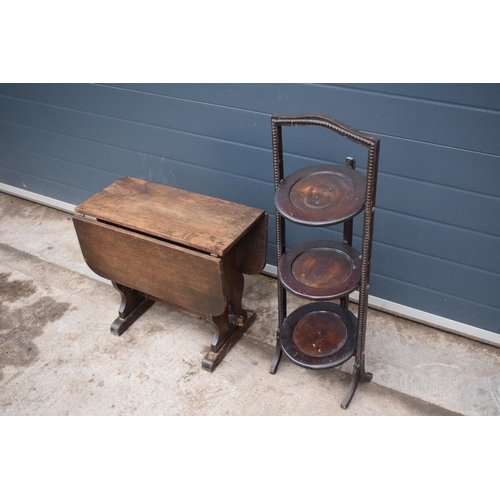 315E - A small drop-leaf table together with a folding 3 tier wot-not / tiered stand (2).