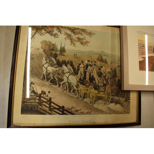 12N - A collection of framed items to include Stage Coach engraving, Sheila Allen watercolour, a similar i... 