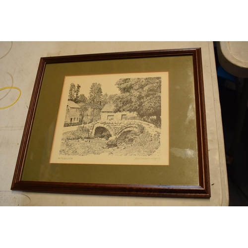 15 - An Alfred Wainwright print with printed title 'Wycoller' and a slightly faded ink signature. 17.5cm ... 