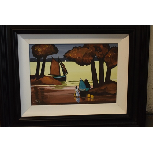 19 - A framed J P Rooney oil painting depicting a family near waters. Signed 'Rooney' to bottom left corn... 