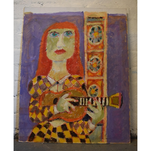 27 - Vincent Bennett (Plymouth 1910-1993), unframed oil on canvas panel, 'Lady with Mandolin', 71.5cm x 5... 