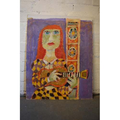 27 - Vincent Bennett (Plymouth 1910-1993), unframed oil on canvas panel, 'Lady with Mandolin', 71.5cm x 5... 