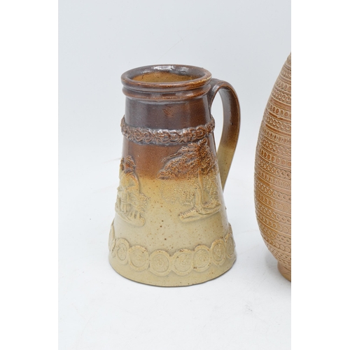 30 - A collection of 19th century stoneware items with traditional scenes to include two-tone examples su... 