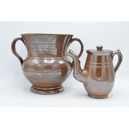 31A - A large 19th century brown stoneware coffee pot together with a large two-handled vase (2). Generall... 