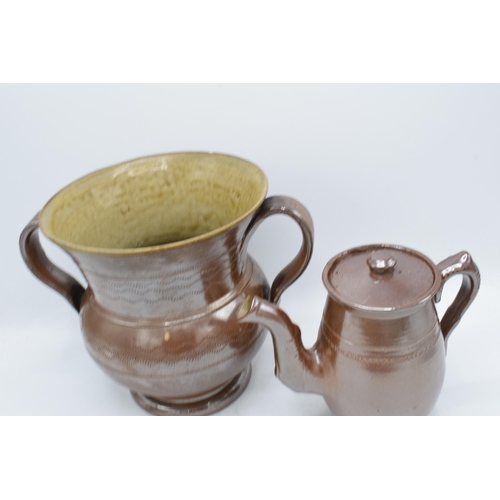 31A - A large 19th century brown stoneware coffee pot together with a large two-handled vase (2). Generall... 