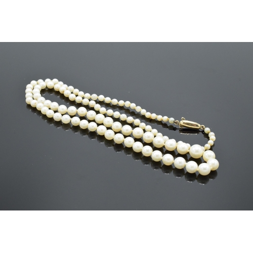 423 - A single-string pearl necklace with a 9ct gold clasp. Approx 52cm long.