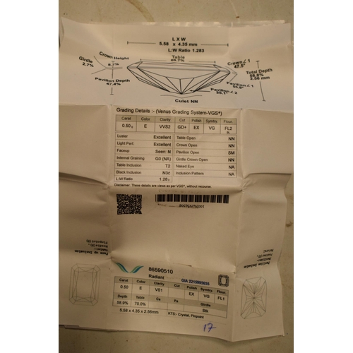 445 - Unmounted 0.5ct radiant-cut natural diamond. Cut-cornered radiant-cut. GIA Certified with laser-engr... 