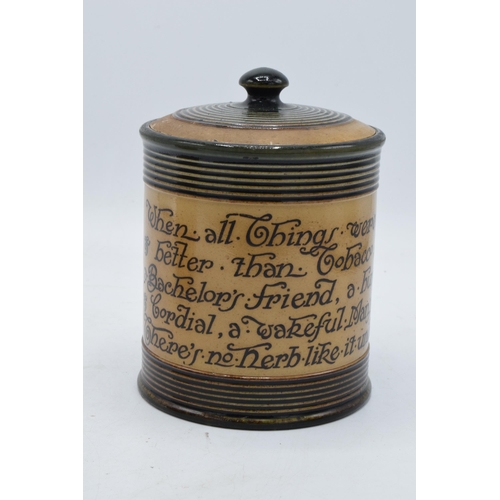 46 - A pair of Doulton Lambeth tobacco jars, one with 'Tobacco' to the front and another with a motto 'wh... 