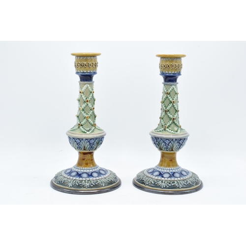 48A - A pair of Doulton Lambeth candlesticks, circa 1880, with artist's monograms to base to include Bessi... 