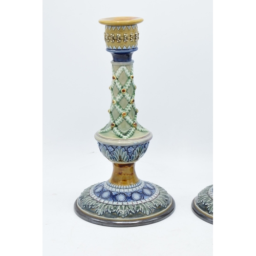 48A - A pair of Doulton Lambeth candlesticks, circa 1880, with artist's monograms to base to include Bessi... 