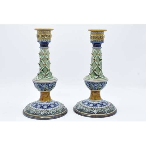 48A - A pair of Doulton Lambeth candlesticks, circa 1880, with artist's monograms to base to include Bessi... 