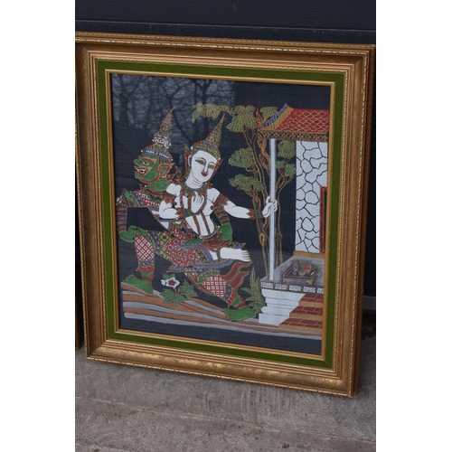 6 - A trio of framed silk screen prints depicting Hindu Warriers amongst various scenes (3). 66 x 55cm. ... 