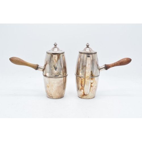 225L - A silver plated 19th century Cafe au lait set with turned wooden handles. 18cm tall.