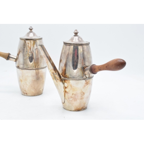 225L - A silver plated 19th century Cafe au lait set with turned wooden handles. 18cm tall.